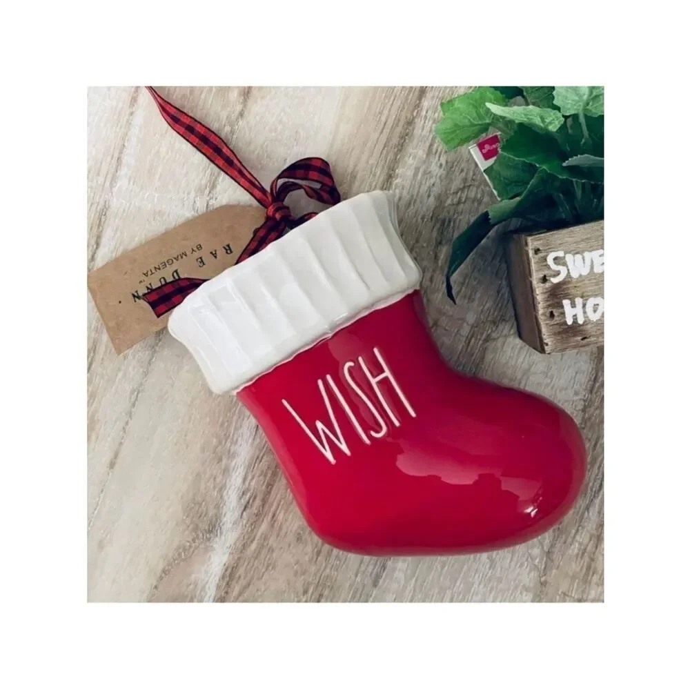NWT Rare Gorgeous Rae Dunn WISH Red Ceramic Christmas Santa Boot Bootie Stocking